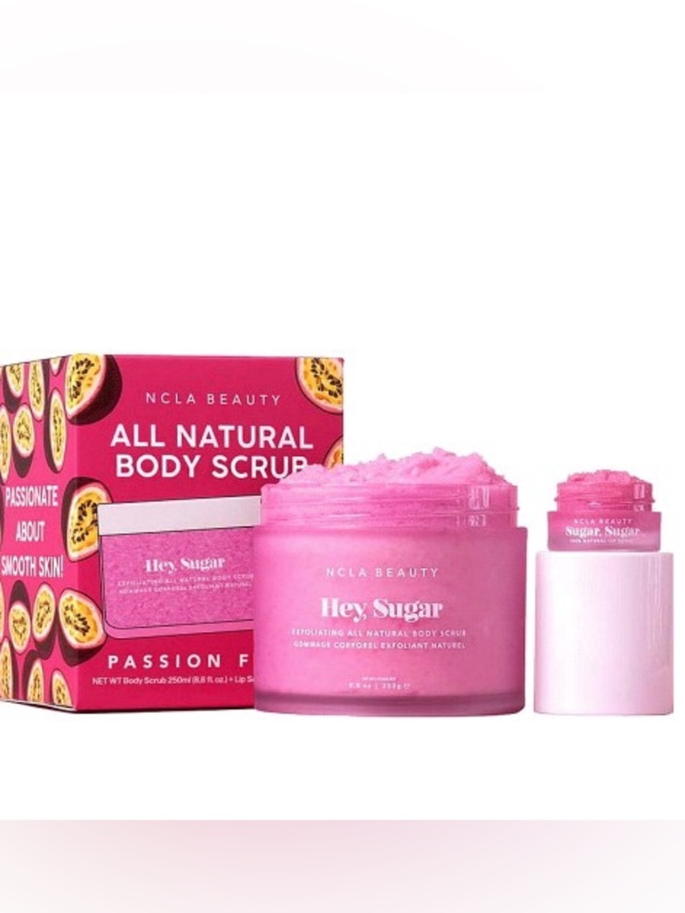NCLA NIB Hey Sugar Passion Fruit Lip & Body Scrub 2 pcs Set Mini Lip/Body Scrub